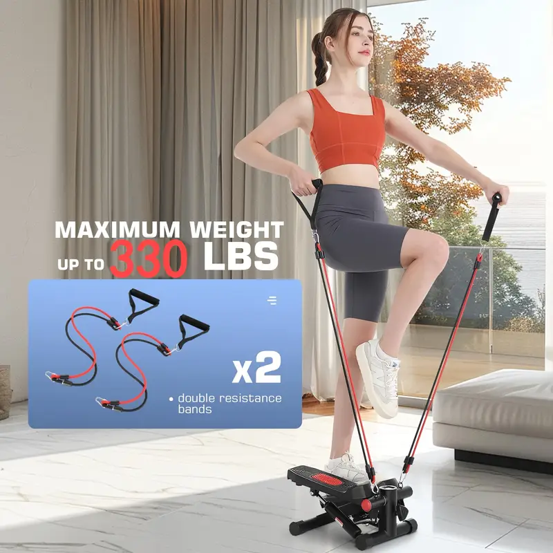 Upgraded Hydraulic Mute Stepper for Home Use, LCD Intelligent Display, Adjustable Resistance, Complimentary Dual Resistance Bands, 330 Lbs Weight Capacity, Folding Storage, Leg Exerciser, Suitable for Family Exercise And Fitness Training