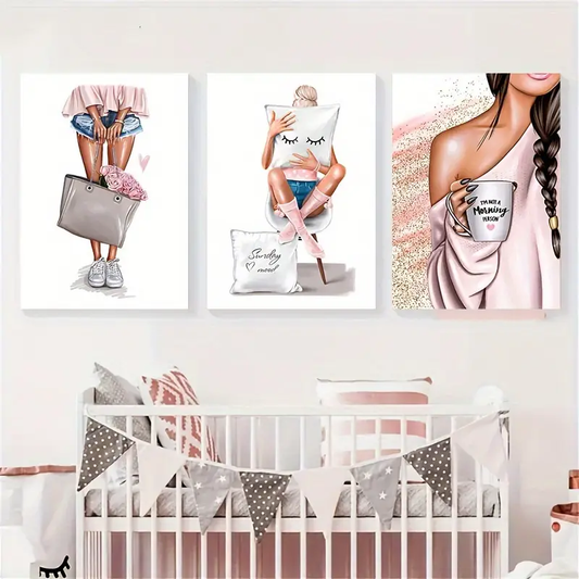 3pcs pink flowers and fashion girl pattern canvas wall decoration art wall painting gift can be used in bedroom office living room bar wall decoration imitation oil painting valentines day packaging canvas painting